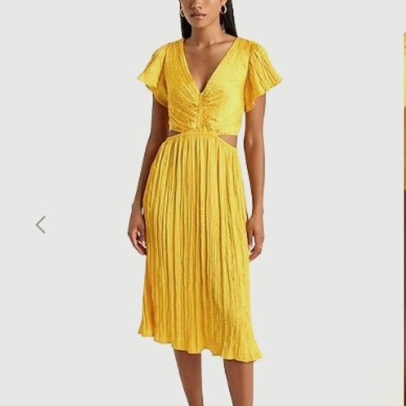 NWT Express Satin V-Neck Flutter Sleeve Pleated Cutout Midi Dress - size XL - Picture 1 of 3